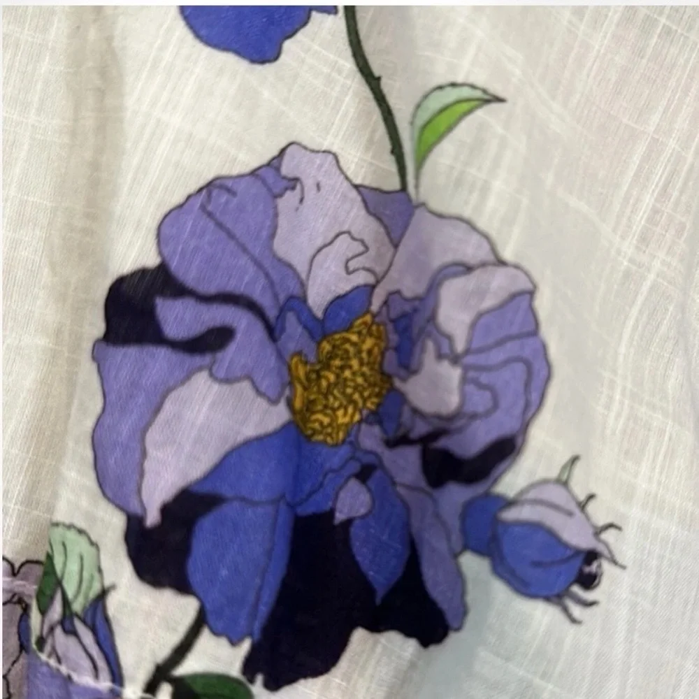 Anthropologie White Purple Floral Sweetheart VNeck Puff Sleeve Blouse Lg petite